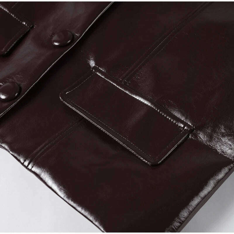 Elegant Women Leather Jacket Skirt Suit Turn Down Collar Single Breasted Female Coat High Waist Mini Skirts Lady Two Piece Sets