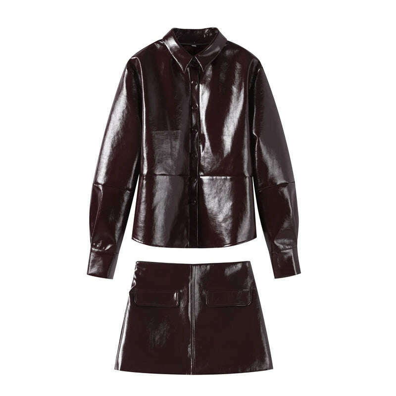 Elegant Women Leather Jacket Skirt Suit Turn Down Collar Single Breasted Female Coat High Waist Mini Skirts Lady Two Piece Sets