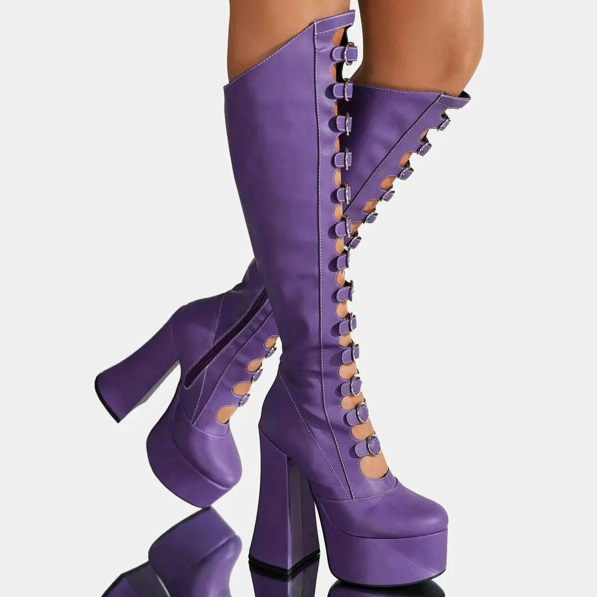European and American Punk Style Spicy Girl Black Leather Buckle Thick Heel Cool Boots for Women Sexy Hollow Knight Boots