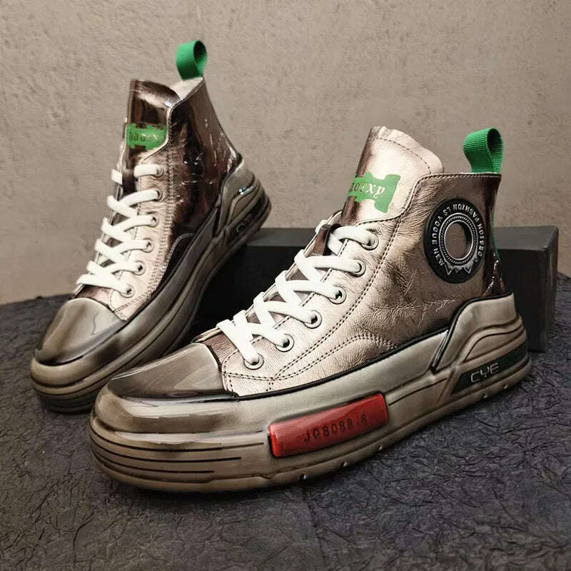 European Cowhide High Top Shoes Trend Korean Thick Sole Men's Shoes Versatile Casual Shoes Autumn and Winter Fashion New Style
