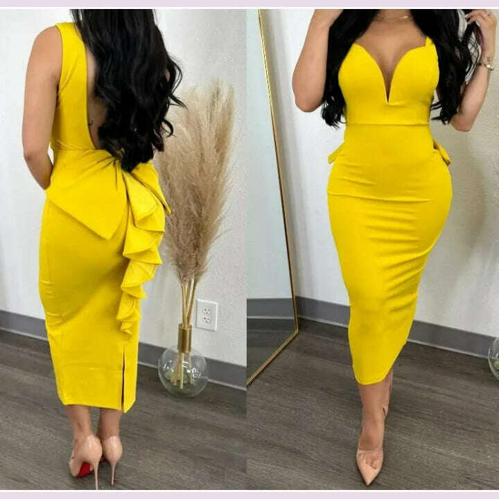 Evening Dresses for Women 2024 Sexy Woman Clothing Backless Deep V Bow Elastic Split Fashion Elegant Hip Wrap Midi Bodycon Dress