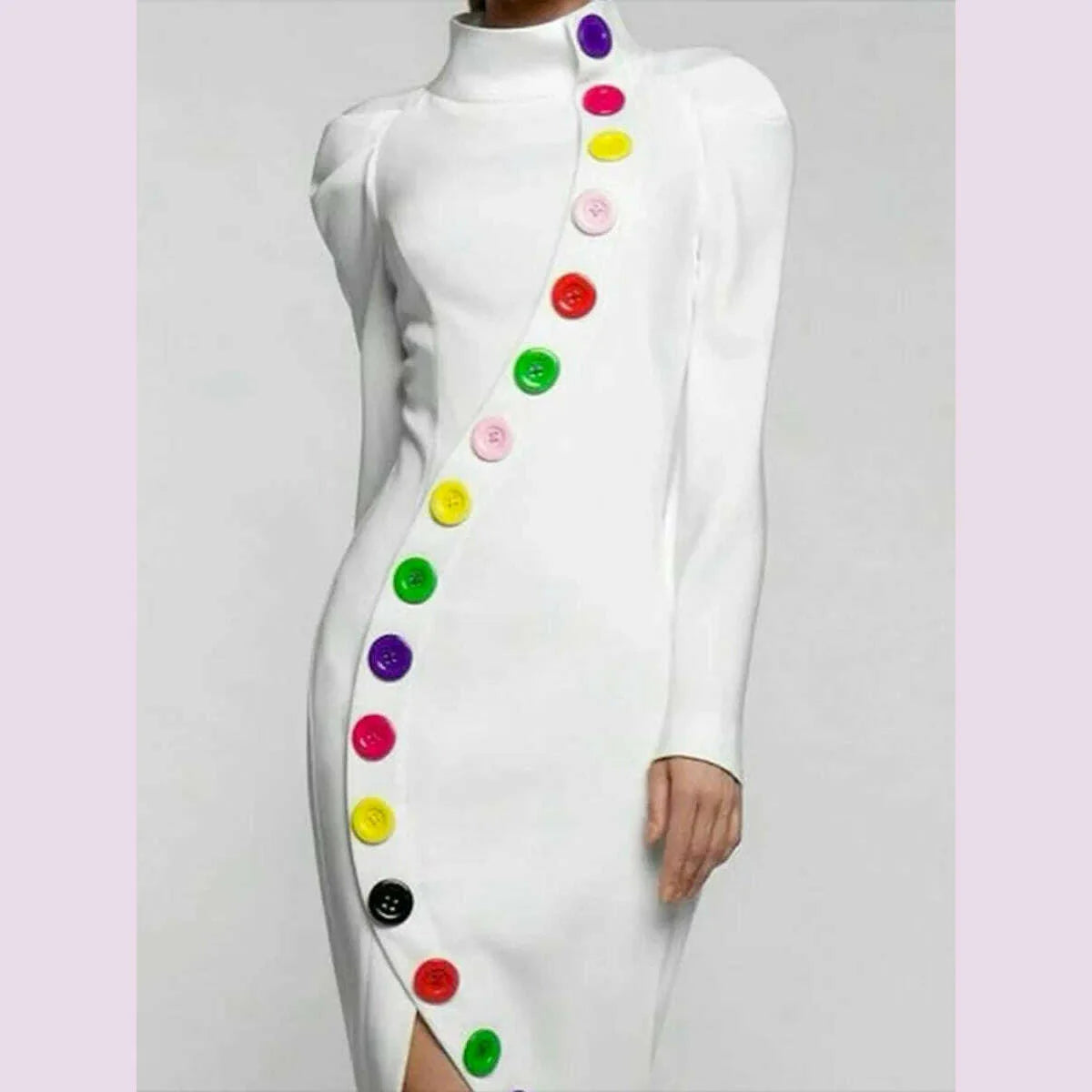 Freeacy 2024 Fall Women's Dress High Neck Puff Sleeves Colorful Buttoned Slim Fit Dress Stylish Middle Length Evening Dresses