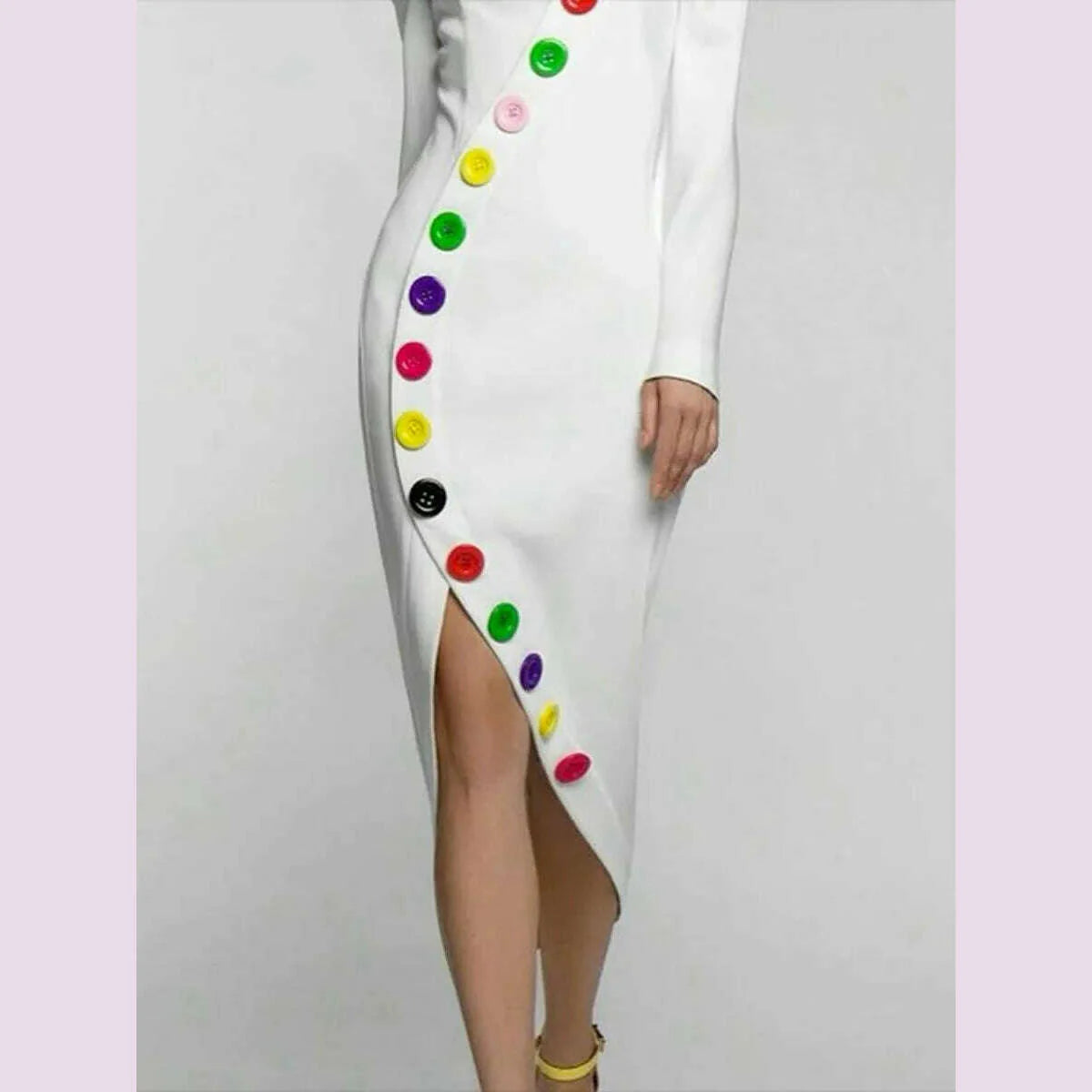 Freeacy 2024 Fall Women's Dress High Neck Puff Sleeves Colorful Buttoned Slim Fit Dress Stylish Middle Length Evening Dresses