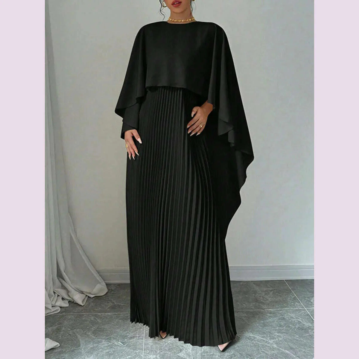 Freeacy Women's Autumn New Solid Color Elegant Evening Dresses Round Neck Wrap Sleeves Ruffled High Neck Pleated Maxi Dress