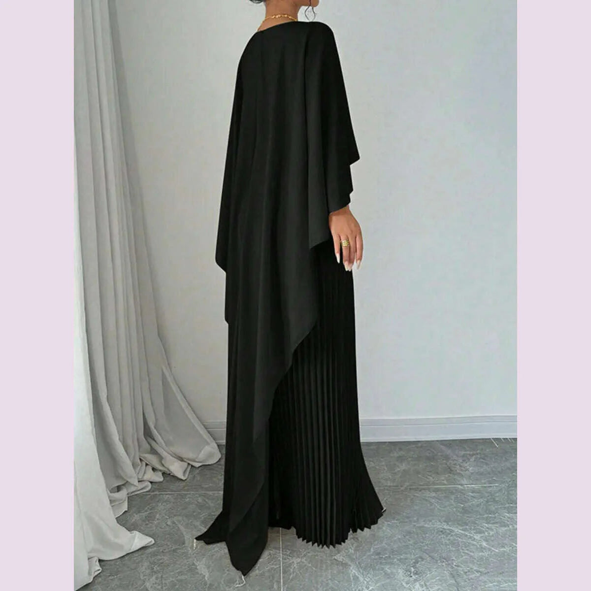 Freeacy Women's Autumn New Solid Color Elegant Evening Dresses Round Neck Wrap Sleeves Ruffled High Neck Pleated Maxi Dress