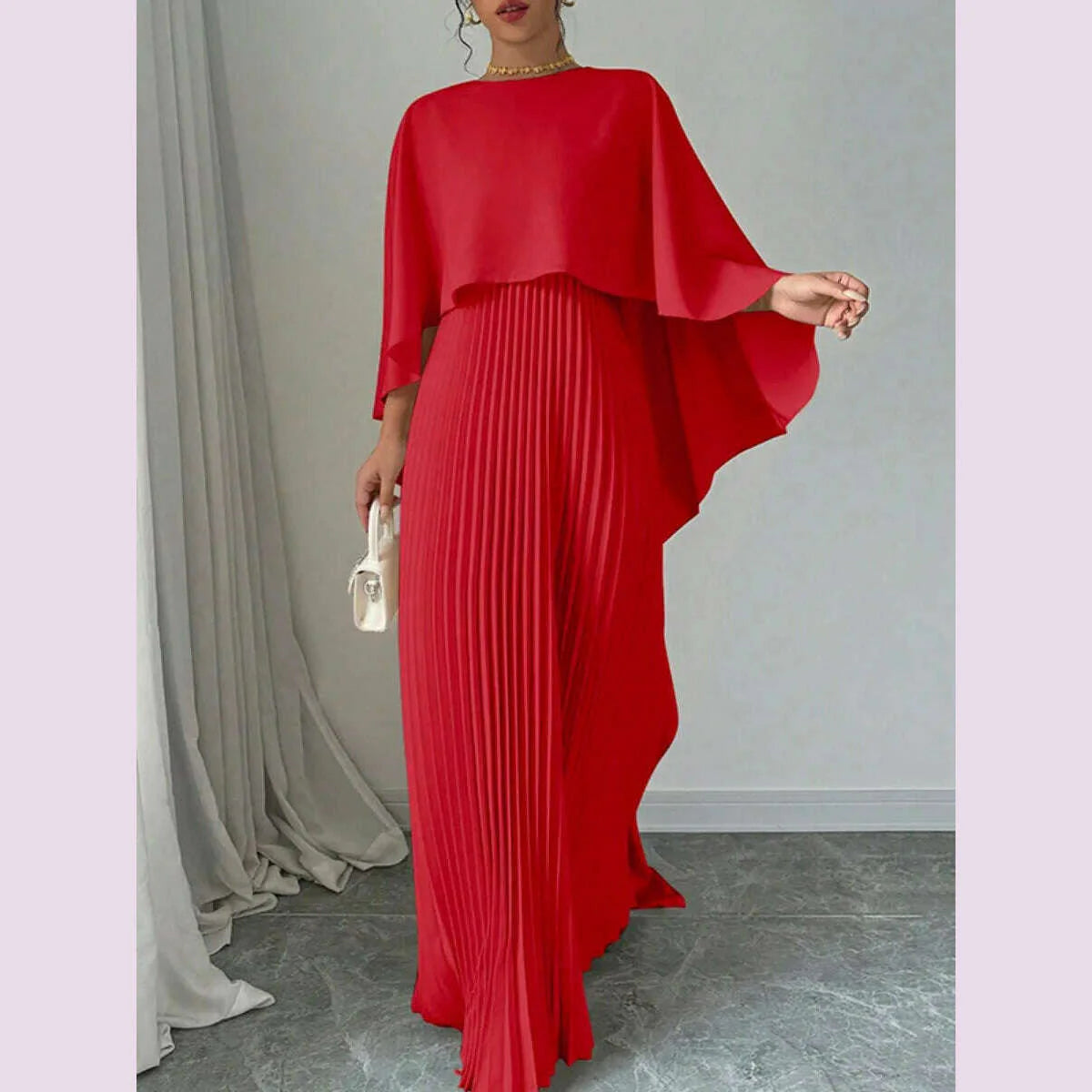 Freeacy Women's Autumn New Solid Color Elegant Evening Dresses Round Neck Wrap Sleeves Ruffled High Neck Pleated Maxi Dress