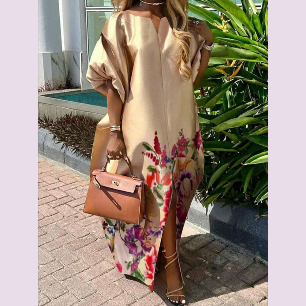Freeacy Women's Elegant Floral Printed Maxi Dress Boat Neck Puff Sleeves H-line Splited Evening Dresses Floor Length Party Dress
