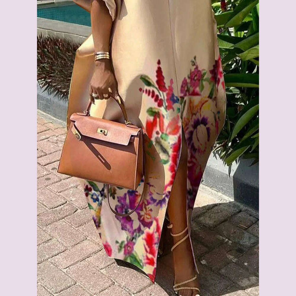 Freeacy Women's Elegant Floral Printed Maxi Dress Boat Neck Puff Sleeves H-line Splited Evening Dresses Floor Length Party Dress