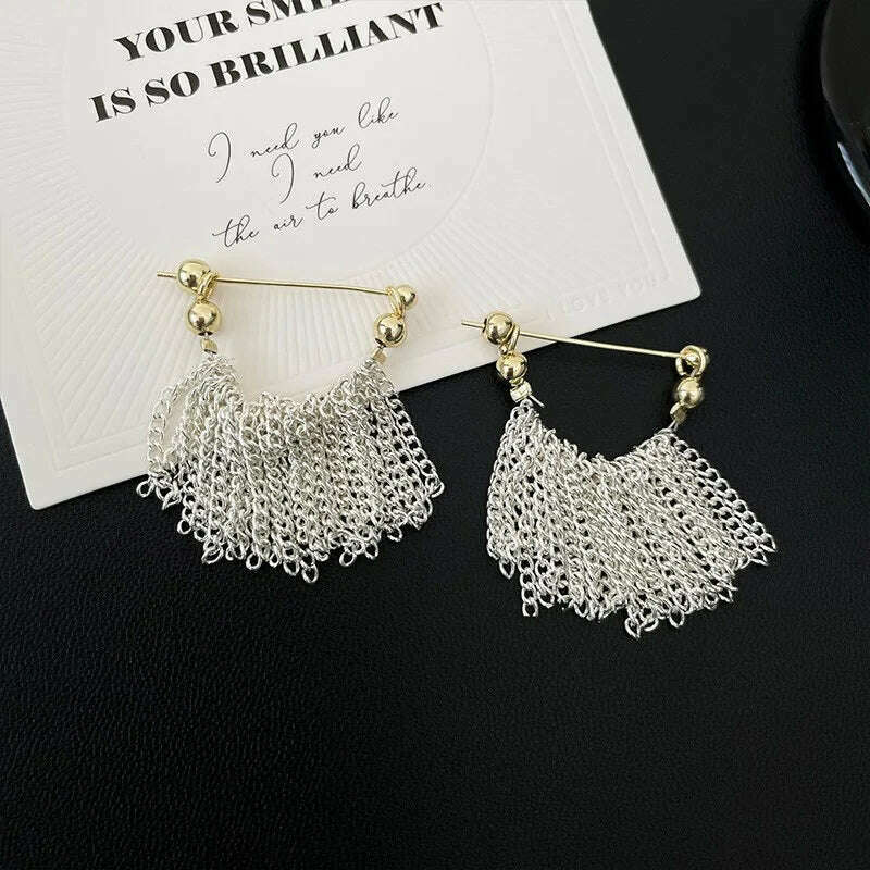 French Luxury Silver Color Chain Waterfall Tassel Long Earrings 2023 New Design Jewelry Party Women's Exaggerated Accessories