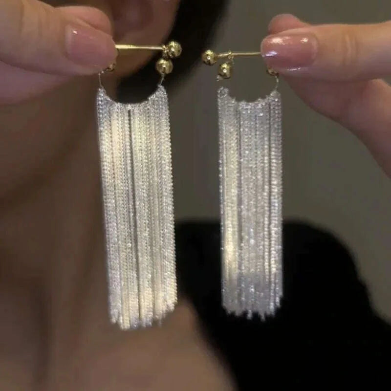 French Luxury Silver Color Chain Waterfall Tassel Long Earrings 2023 New Design Jewelry Party Women's Exaggerated Accessories