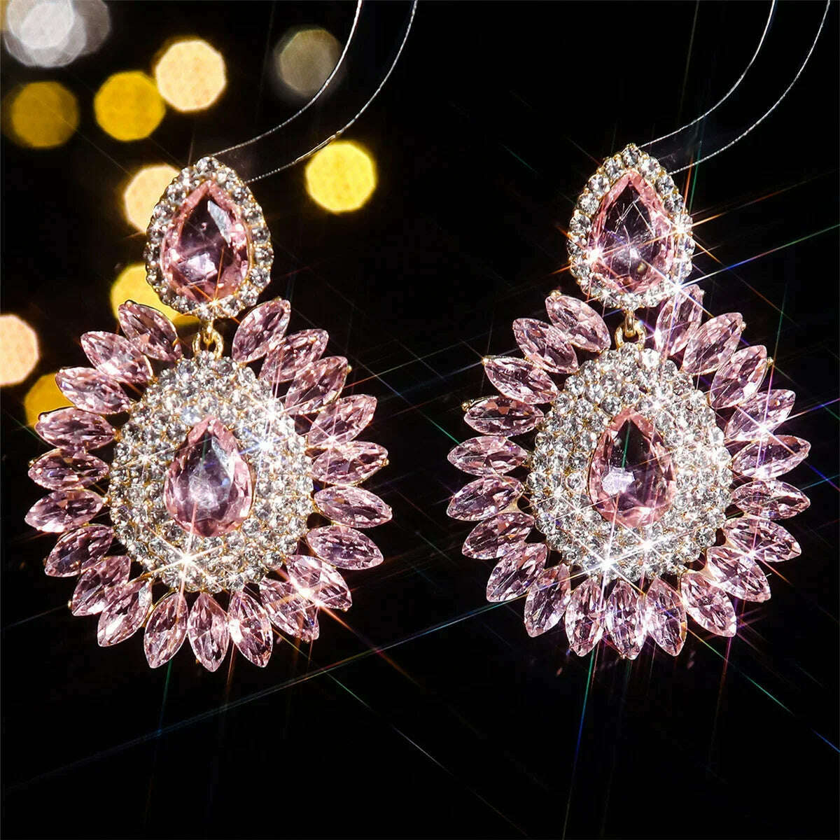 FYUAN Shine Pink Flower Crystal Drop Earrings Water Drop Geometric Rhinestones Earrings Women Fashion Jewelry