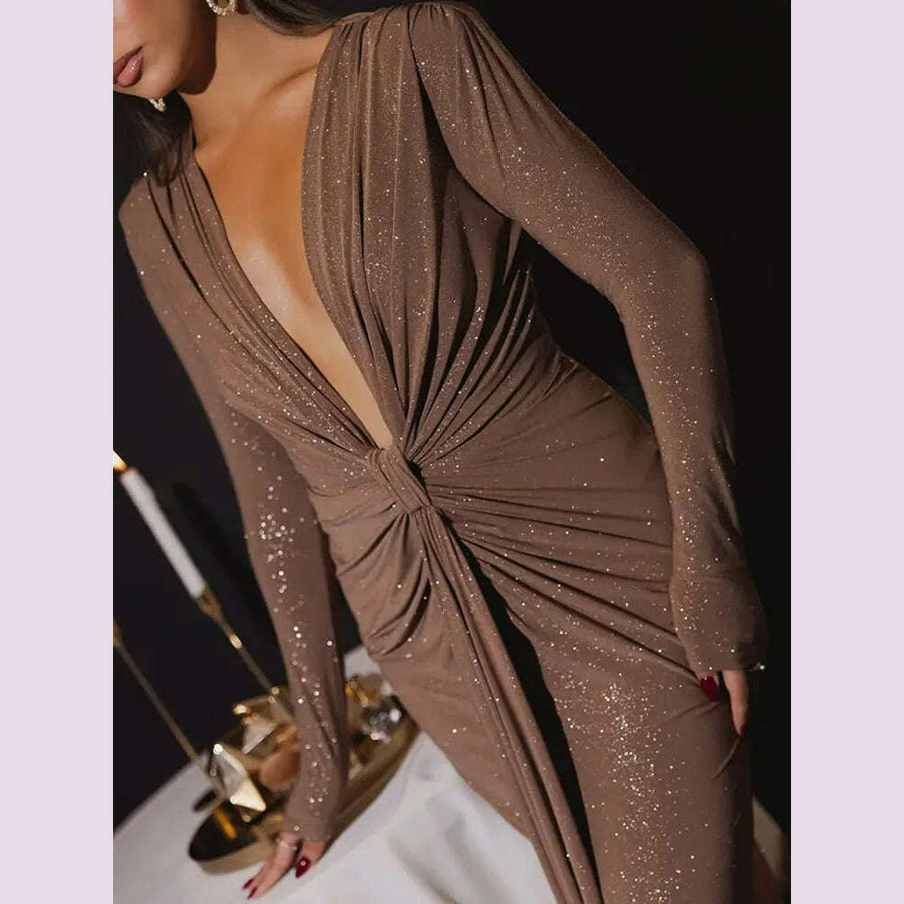 GACVGA Glitter Deep V Neck Sexy Maxi Dress For Women Autumn Elegant Sparkle Slit Ruched Bodycon Club Party Long Evening Dress