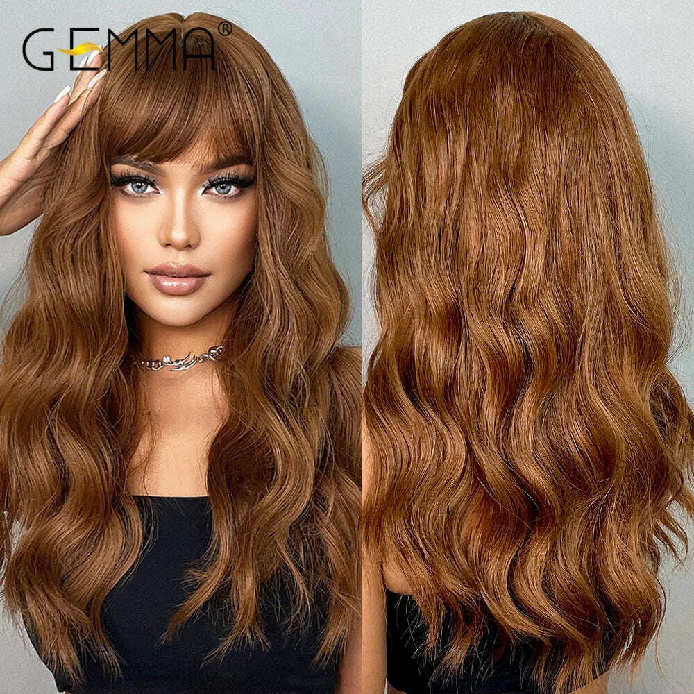 GEMMA Red Brown Copper Ginger Long Straight Synthetic Wigs for Women Natural Wave Wigs with Bangs Heat Resistant Cosplay Hair