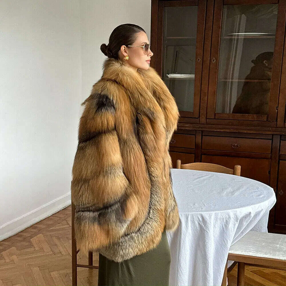 Glamorous Women's Real Red Fox Fur Lapel Coat Winter Luxury Genuine Fox Fur Jacket Female Elegant Natural Fur Thick Overcoat
