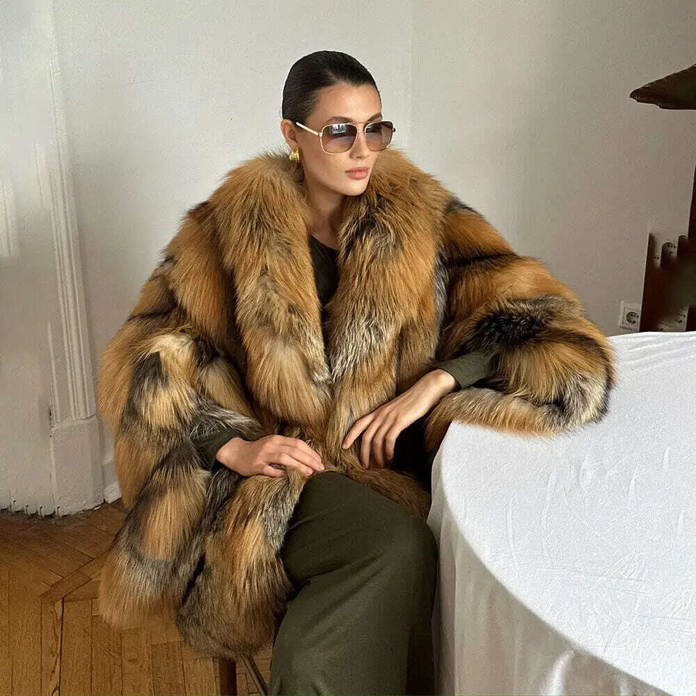 Glamorous Women's Real Red Fox Fur Lapel Coat Winter Luxury Genuine Fox Fur Jacket Female Elegant Natural Fur Thick Overcoat