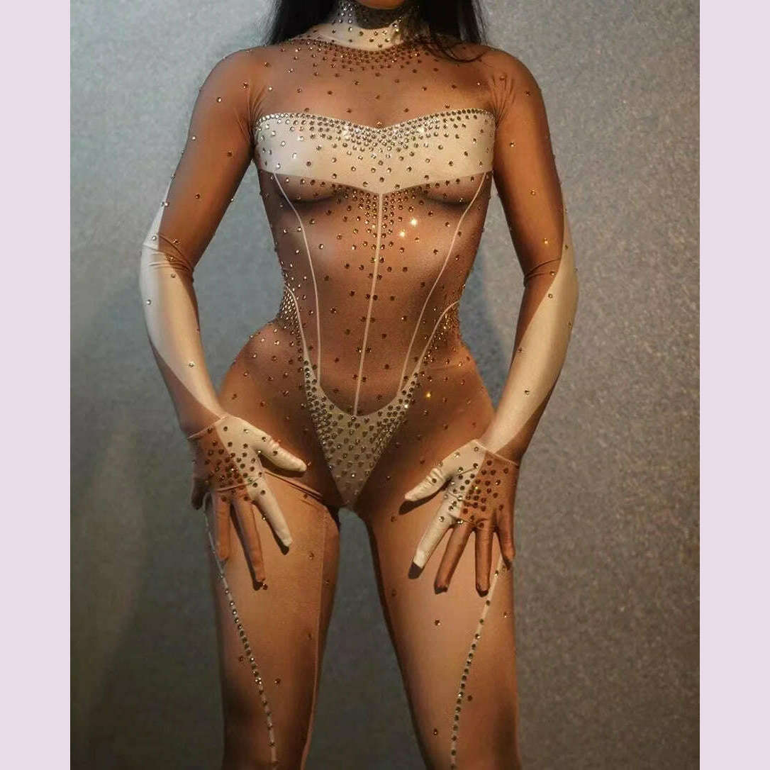 Glitter Rhinestones Jumpsuit for Women SexyStretch Dance Bodysuit Party Singer Stage WearBirthday Drag iueen Costumes Posui 7G