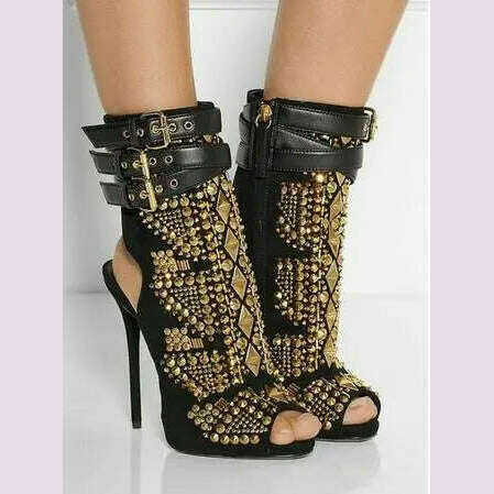 Gold Crystal Stud Embellished Short Ankle Boots Cut-outs Peep Toe Sandal Boots High Heels Summer Lady Suede Boots Shoes