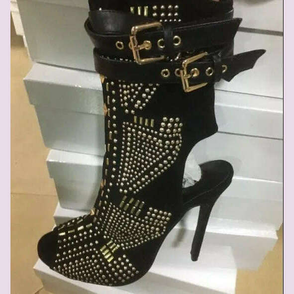 Gold Crystal Stud Embellished Short Ankle Boots Cut-outs Peep Toe Sandal Boots High Heels Summer Lady Suede Boots Shoes