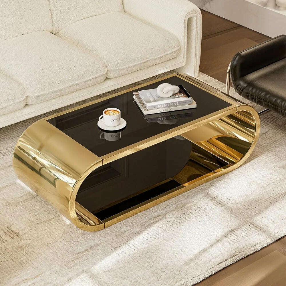 Golden Stainless Steel Glass Coffee Table, Modern Living Room Coffee Table, 2-story Glass Roof Large Space Stylish Design