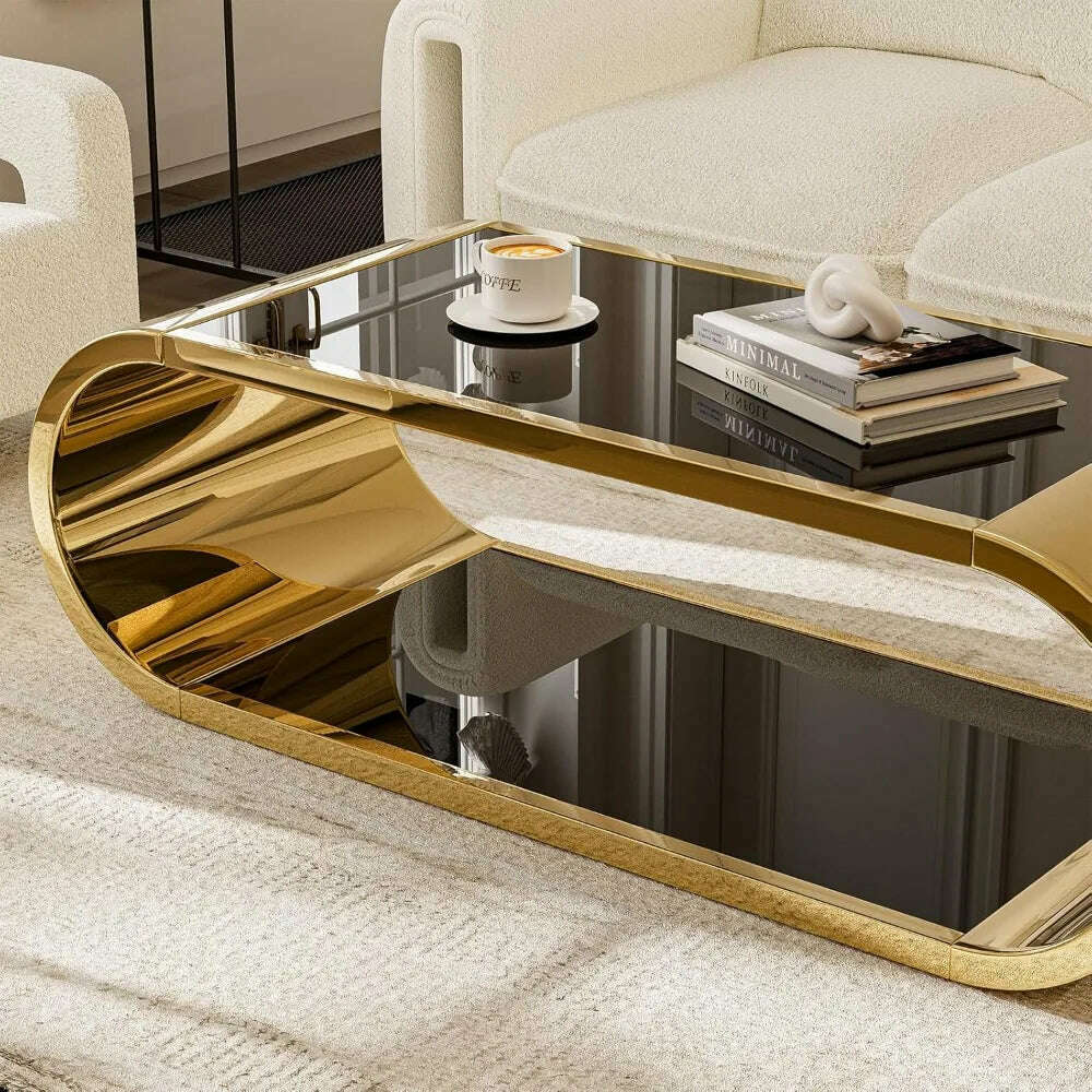 Golden Stainless Steel Glass Coffee Table, Modern Living Room Coffee Table, 2-story Glass Roof Large Space Stylish Design