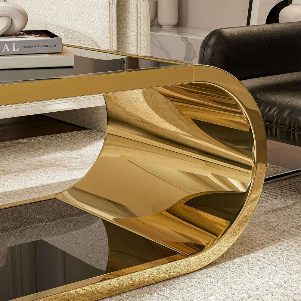 Golden Stainless Steel Glass Coffee Table, Modern Living Room Coffee Table, 2-story Glass Roof Large Space Stylish Design