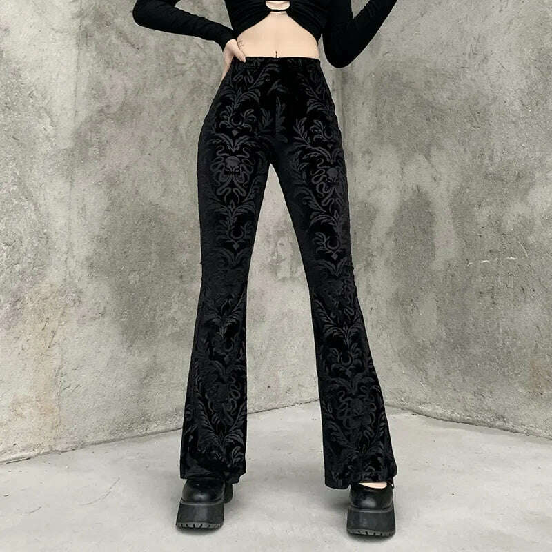 Gothic Retro Print Black Pants Women Harajuku High Waist Flared Pants 2023 Punk Velvet Trousers Vintage Streetwear Dark Academia