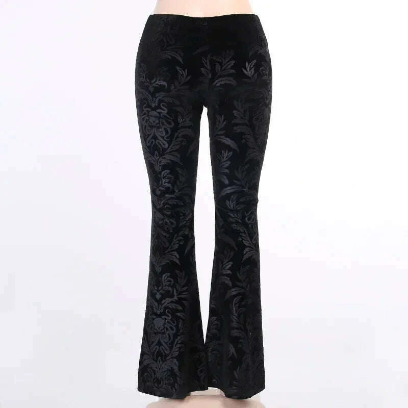 Gothic Retro Print Black Pants Women Harajuku High Waist Flared Pants 2023 Punk Velvet Trousers Vintage Streetwear Dark Academia