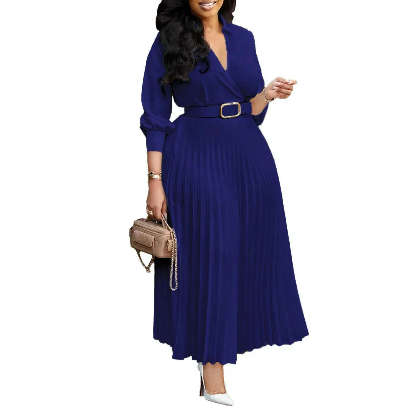 Gowns Dashiki African Dresses for Women Summer Autumn African 3/4 Sleeve V-neck Polyester Party Evening Pleat Dress With Belt