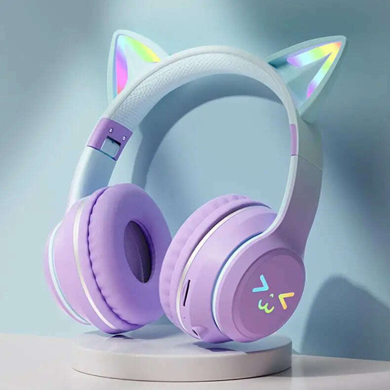 Gradient wireless Headphones RGB cute cat ear Bluetooth Earphones with microphone Stereo Music Game Earphone Girls Kids Gifts