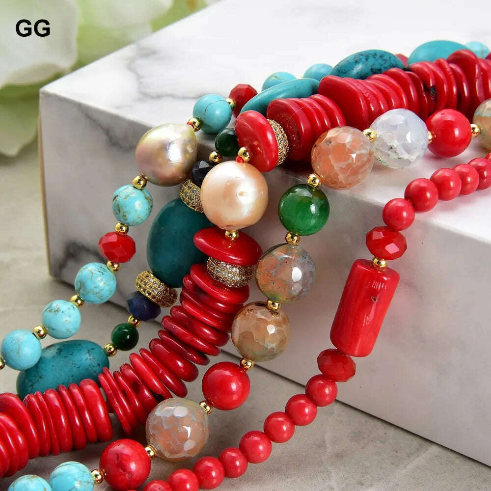 GuaiGuai Jewelry 8" 5 Strands Natural Pearl Blue Turquoise Coral Gems Coral Stone Lapis Crystal Bracelet