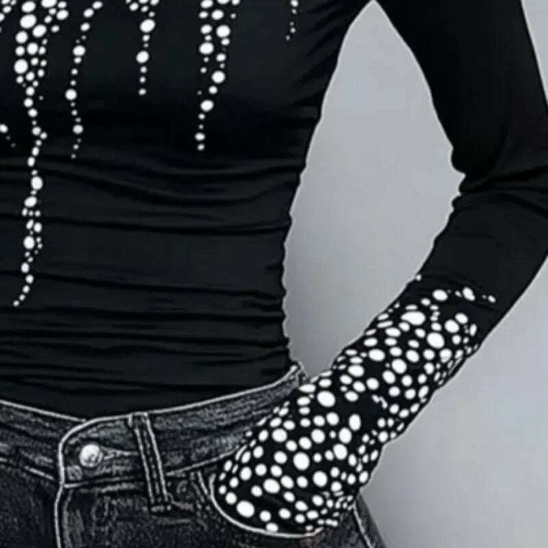 Gymystars Long Sleeve T Shirt Skinny Printed Tops for Women New Autumn High-Neck Slim Fit Clothes Black Wear Base Layer Outside