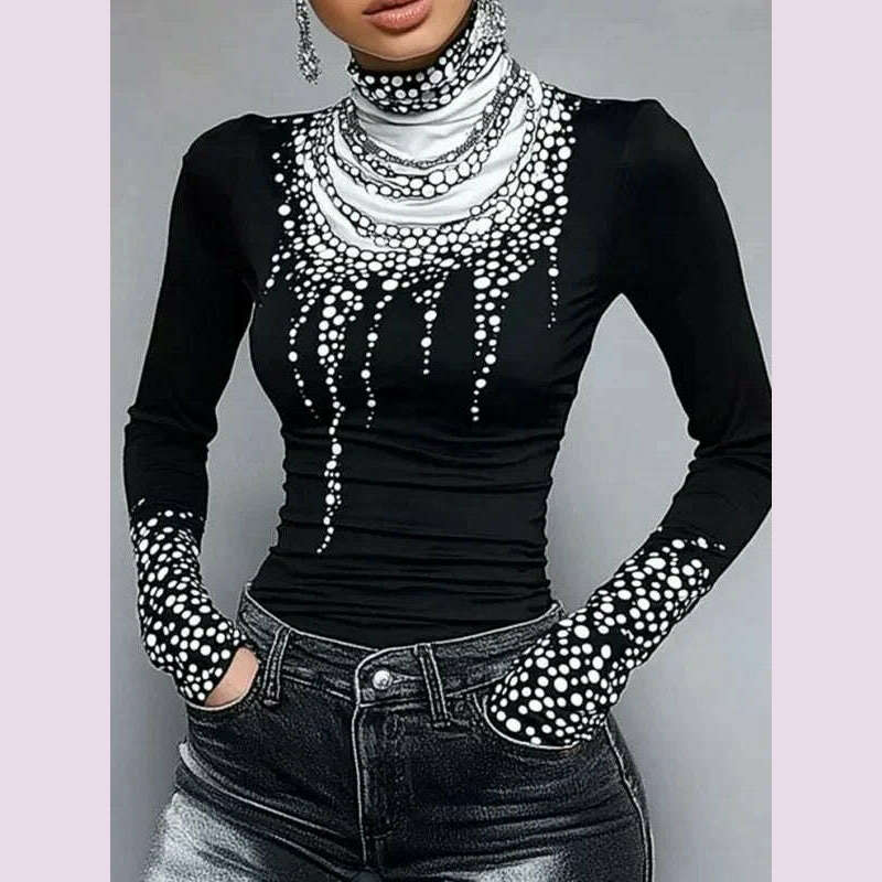 Gymystars Long Sleeve T Shirt Skinny Printed Tops for Women New Autumn High-Neck Slim Fit Clothes Black Wear Base Layer Outside