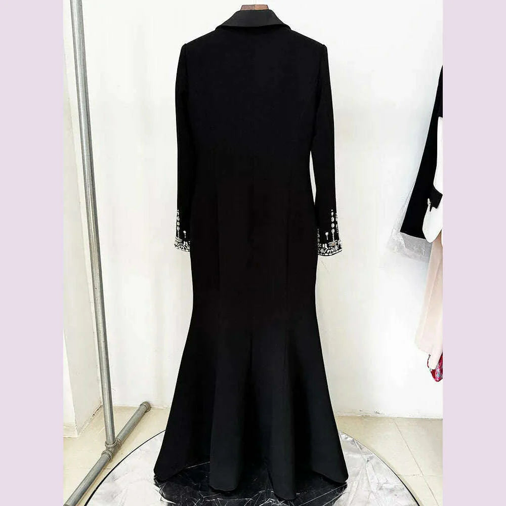 Handmade Studded Diamond Crystal Suit Collar Dress Fish Tail Black Floor Length Suit Collar Maxi Dresses for Women Wedding 2024