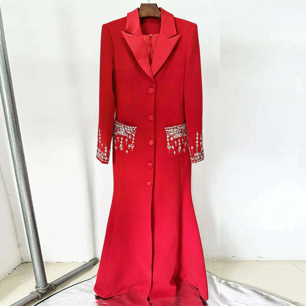 Handmade Studded Diamond Crystal Suit Collar Dress Fish Tail Black Floor Length Suit Collar Maxi Dresses for Women Wedding 2024