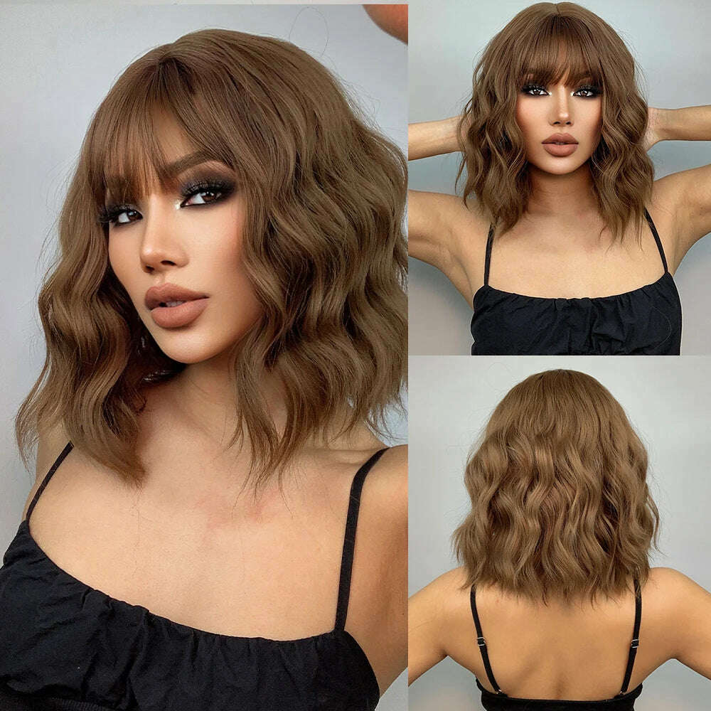 HENRY MARGU Red Copper Ginger Synthetic Wigs with Bangs Medium Water Wave Natural Bob Daily Hair Wigs for Women Heat Resistant