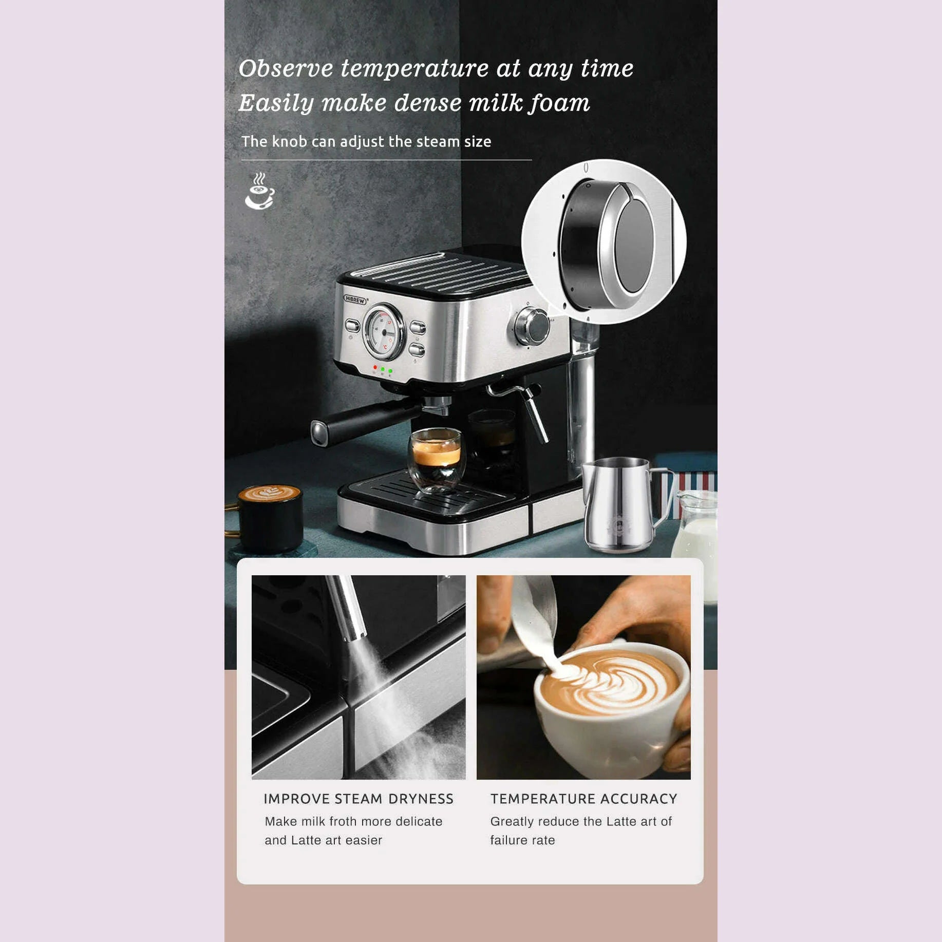 HiBREW Coffee Machine Cafetera 20 Bar Espresso Inox Semi Automatic Expresso Cappuccino Hot Water Steam Temperature Display H5