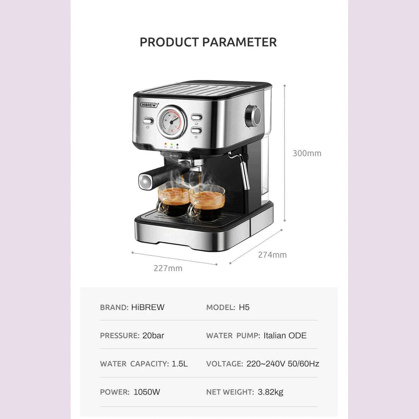 HiBREW Coffee Machine Cafetera 20 Bar Espresso Inox Semi Automatic Expresso Cappuccino Hot Water Steam Temperature Display H5