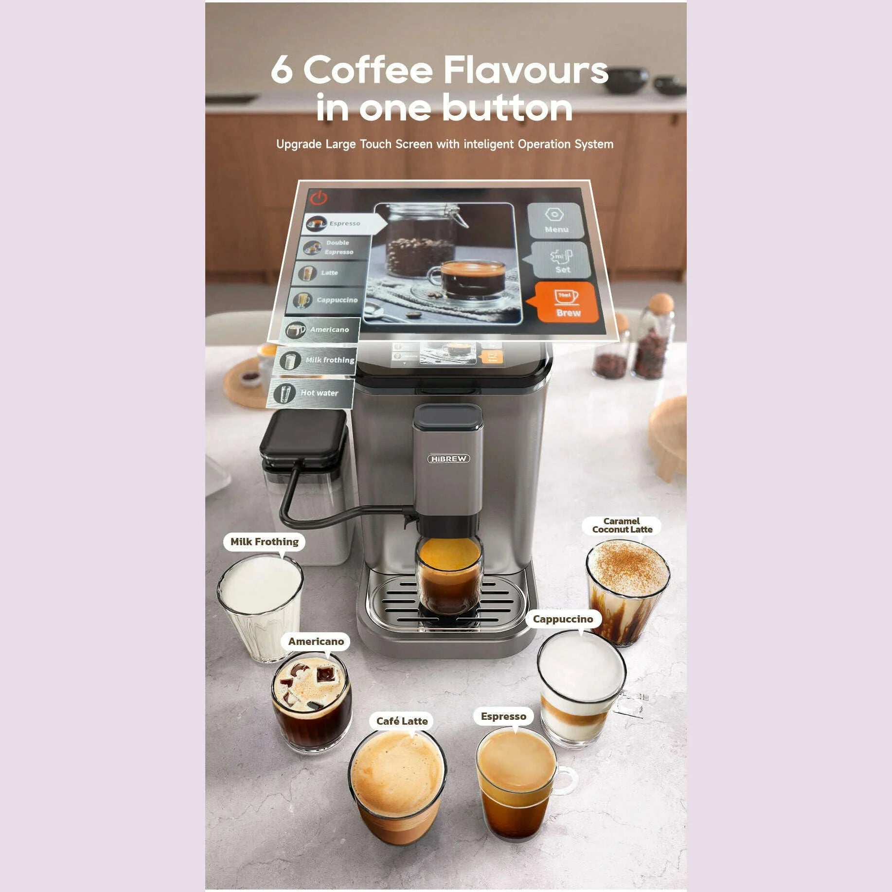 HiBREW Fully Automatic Espresso Machine Cappuccino Milk System 6 Coffee Varieties Intuitive Touch Display With Grinder H16