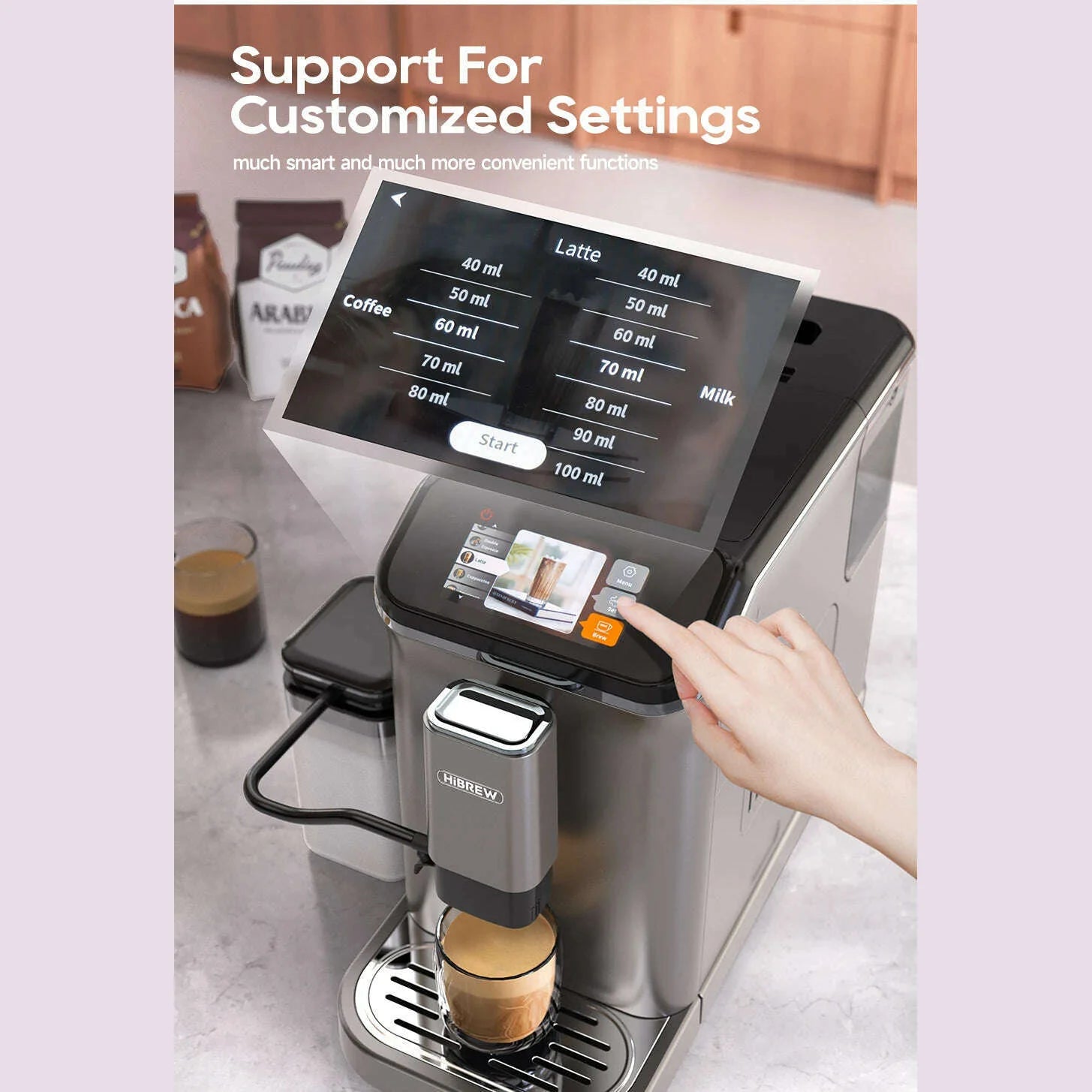 HiBREW Fully Automatic Espresso Machine Cappuccino Milk System 6 Coffee Varieties Intuitive Touch Display With Grinder H16