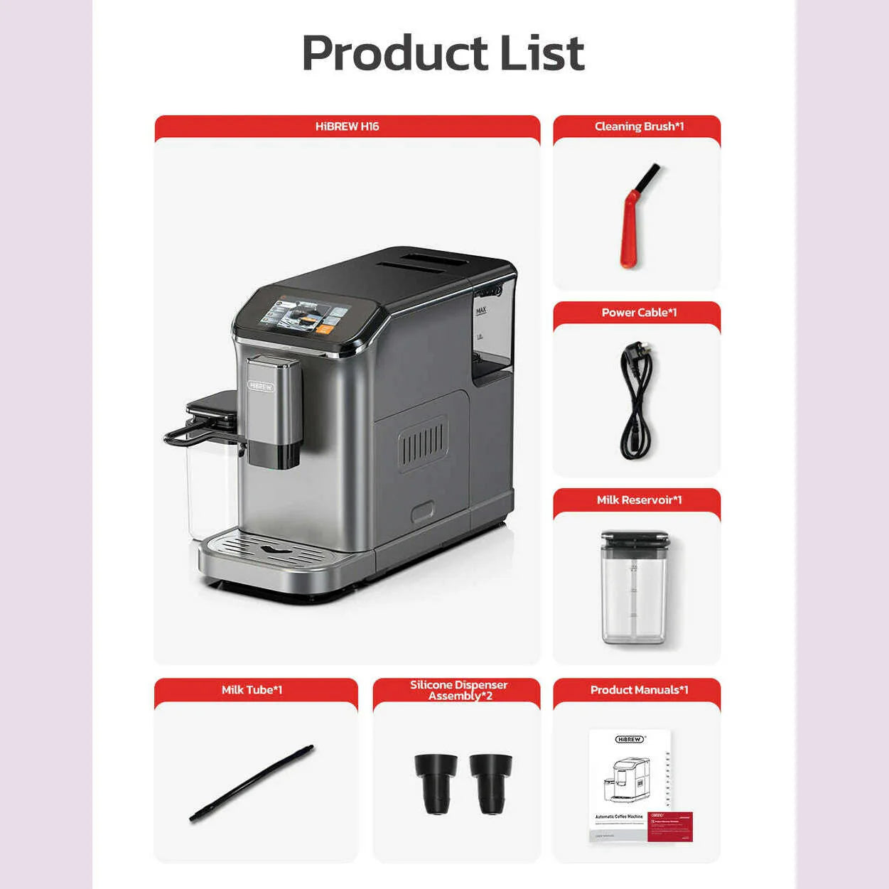 HiBREW Fully Automatic Espresso Machine Cappuccino Milk System 6 Coffee Varieties Intuitive Touch Display With Grinder H16