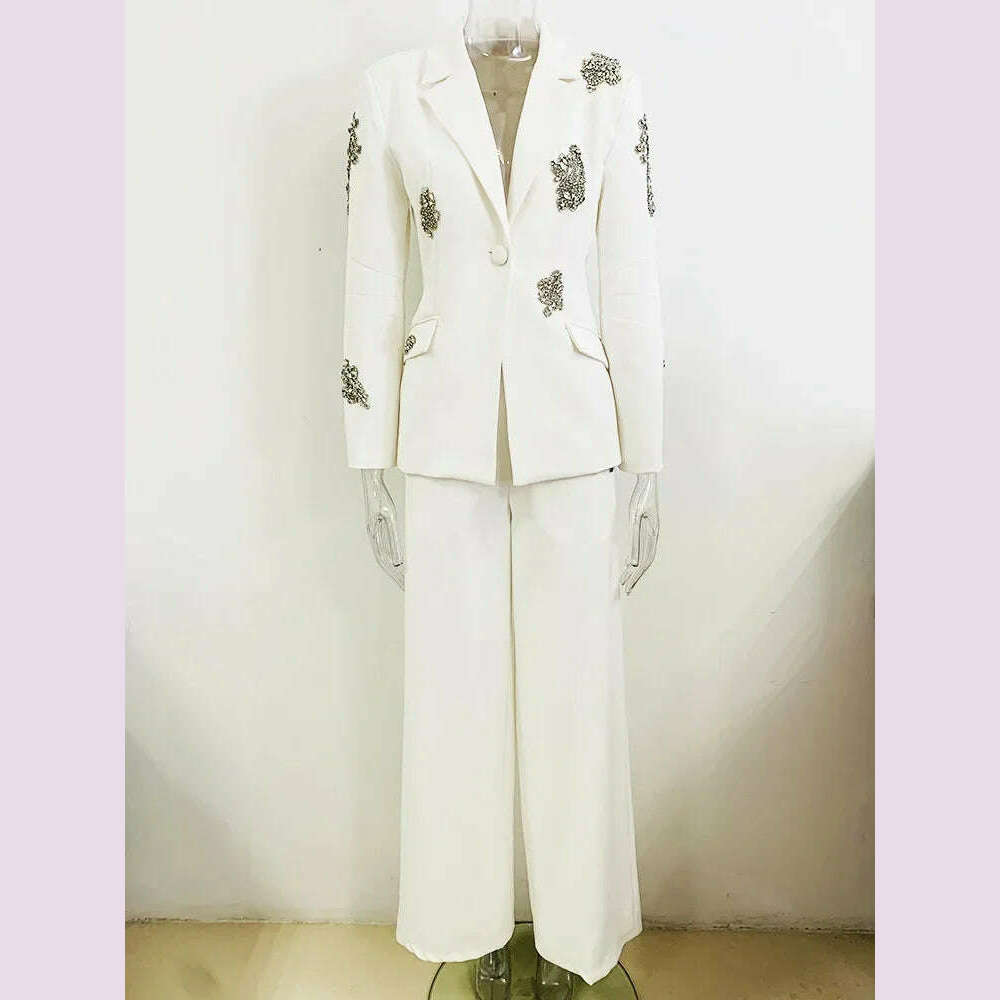 HIGH QUALITY Newest 2024 Designer Suit Women Beaded Diamonds Single Button Suit Blazer Wide-leg Pants Set 2PCS