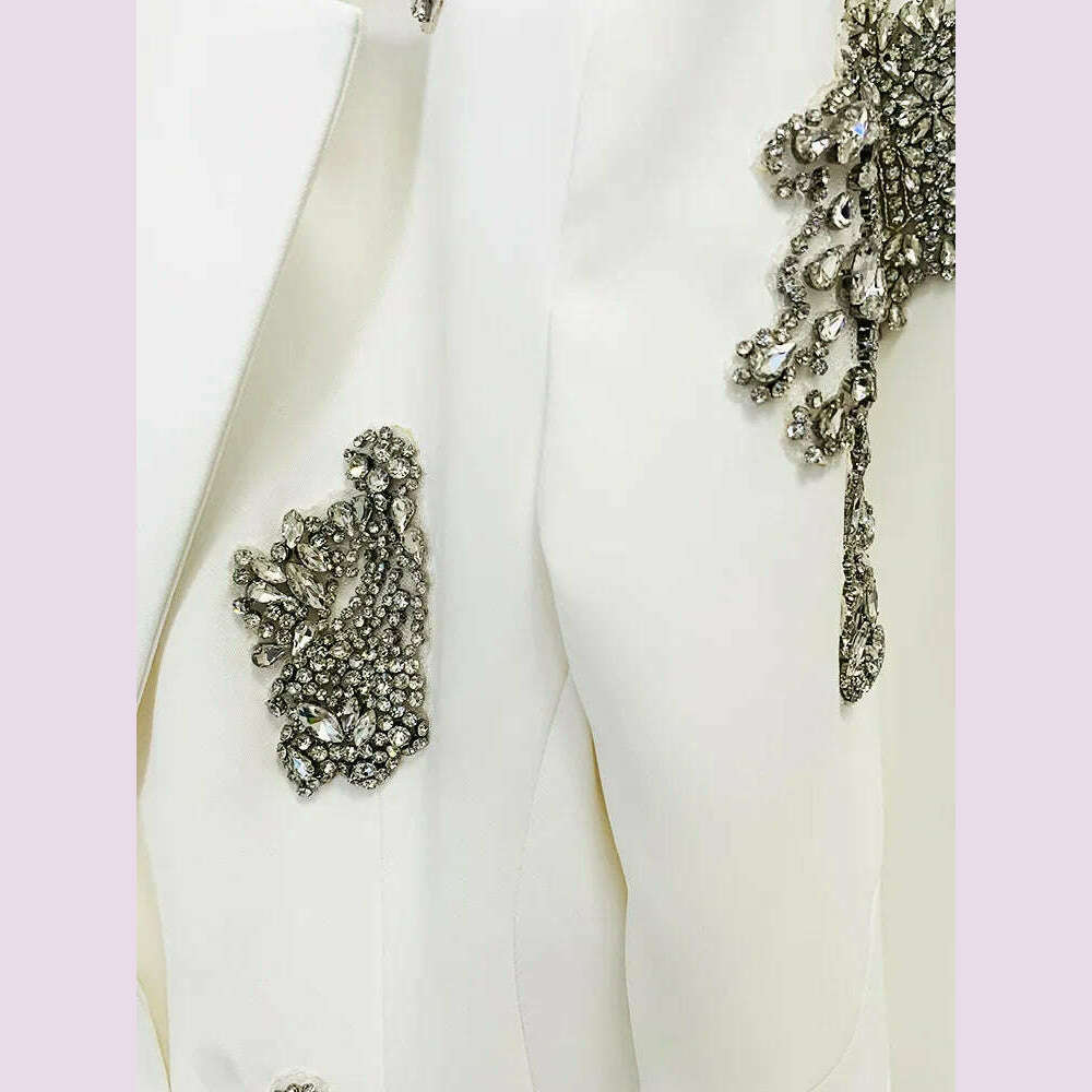 HIGH QUALITY Newest 2024 Designer Suit Women Beaded Diamonds Single Button Suit Blazer Wide-leg Pants Set 2PCS