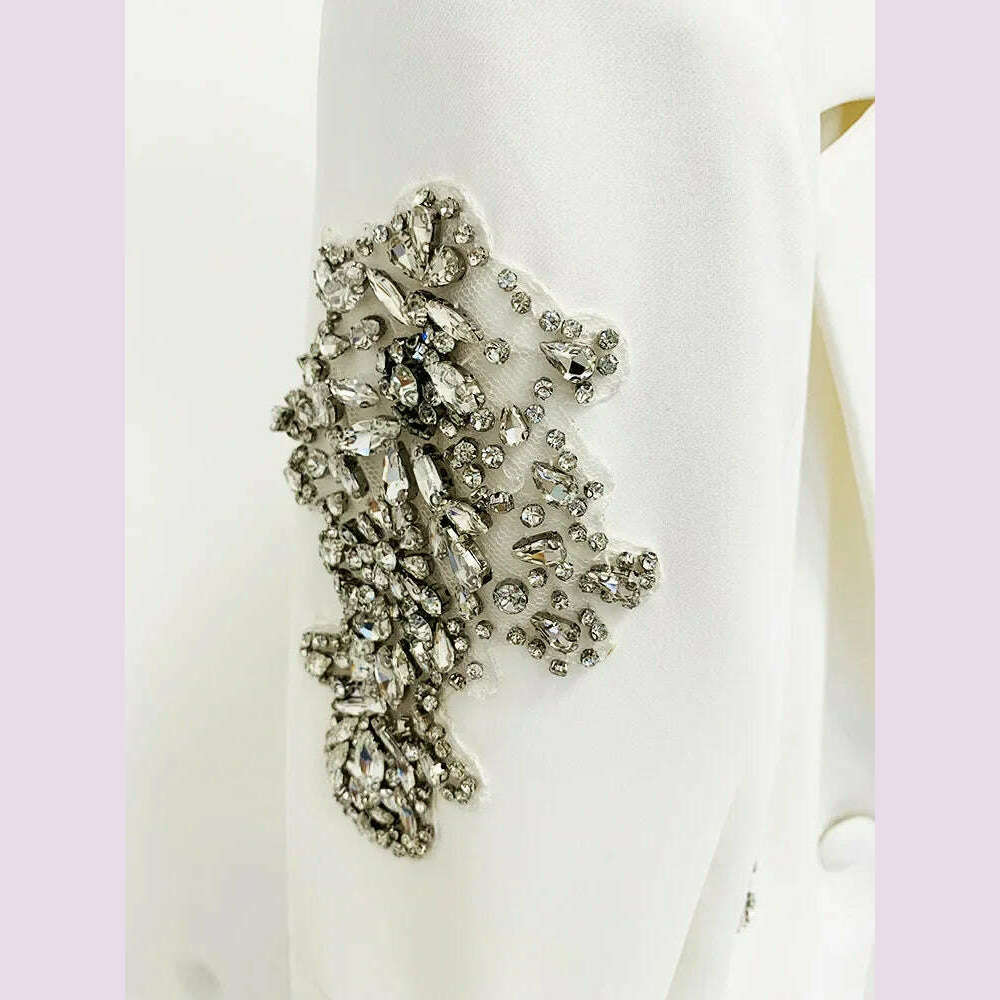 HIGH QUALITY Newest 2024 Designer Suit Women Beaded Diamonds Single Button Suit Blazer Wide-leg Pants Set 2PCS