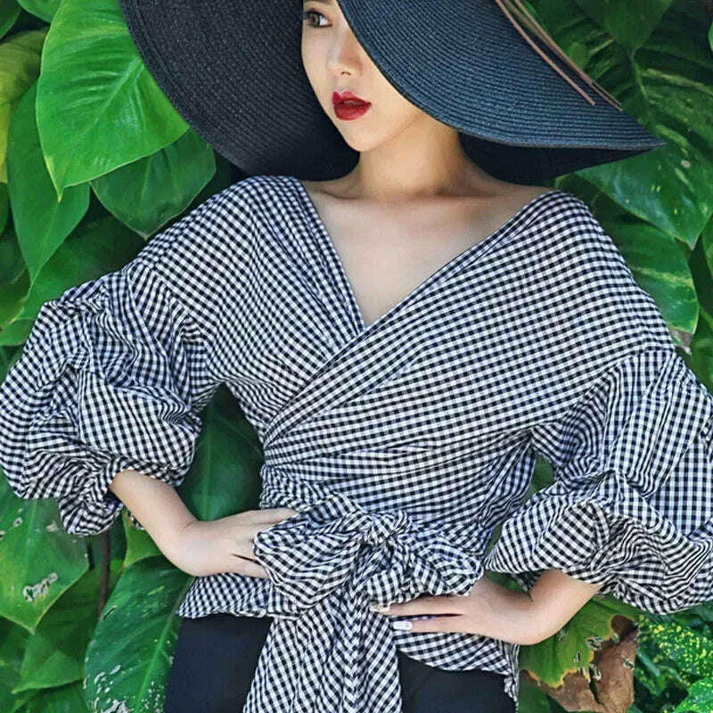 High Quality Women's Blouses & Shirts Lace Up Puff Sleeve V-neck blouse for women lady casual Long Sleeve Shirts For Women