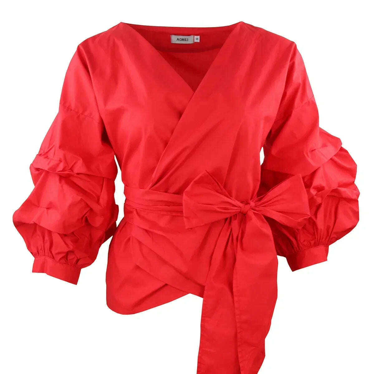 High Quality Women's Blouses & Shirts Lace Up Puff Sleeve V-neck blouse for women lady casual Long Sleeve Shirts For Women