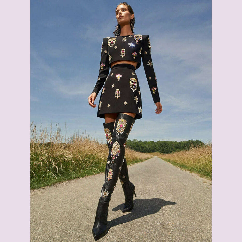 HIGH STREET Newest 2023 Designer Runway Suit Set Women's O-neck Zip Back Cropped Tops Mini Skirt Set 2pcs