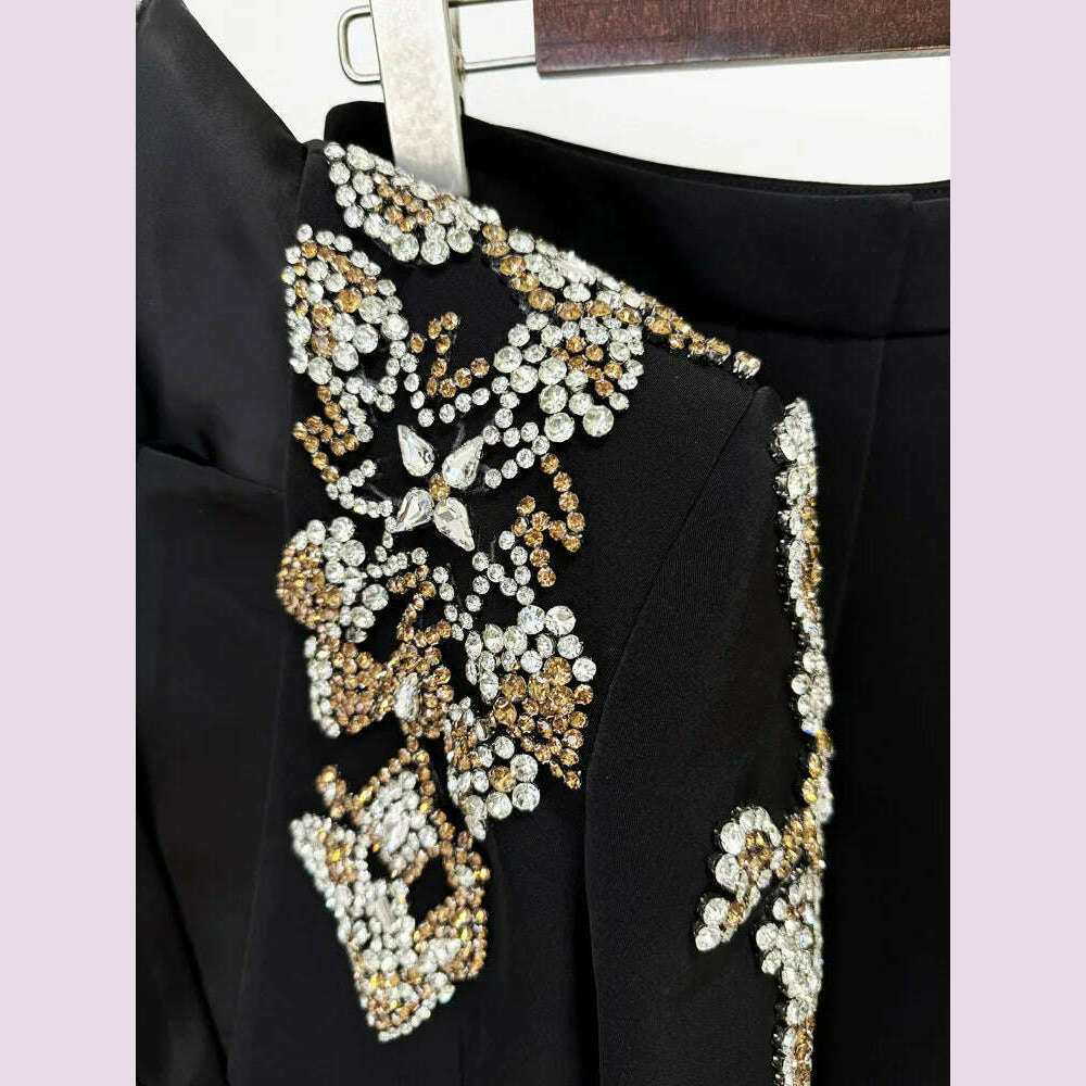HIGH STREET Newest 2024 Designer Suit Women Beaded Diamonds Stand Collar Single Button Blazer Wide-leg Pants Set 2PCS