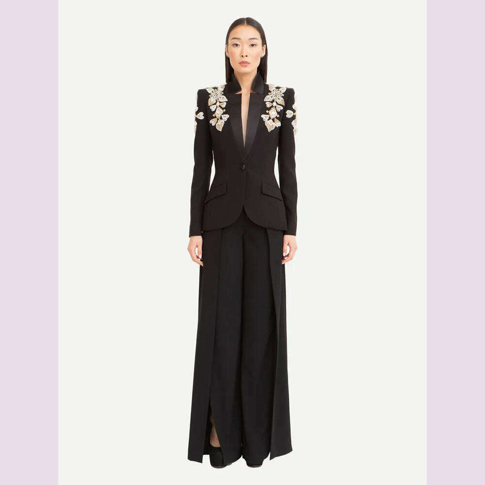 HIGH STREET Newest 2024 Designer Suit Women Beaded Diamonds Stand Collar Single Button Blazer Wide-leg Pants Set 2PCS