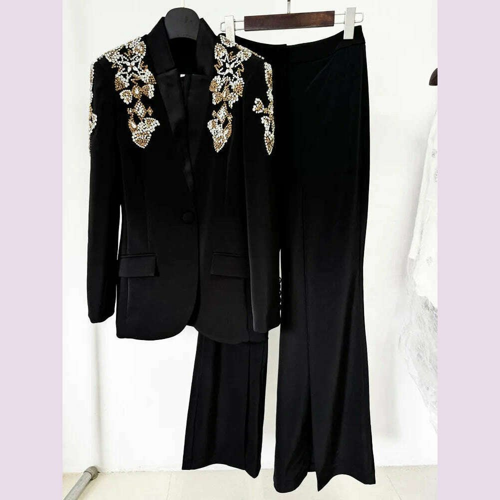 HIGH STREET Newest 2024 Designer Suit Women Beaded Diamonds Stand Collar Single Button Blazer Wide-leg Pants Set 2PCS