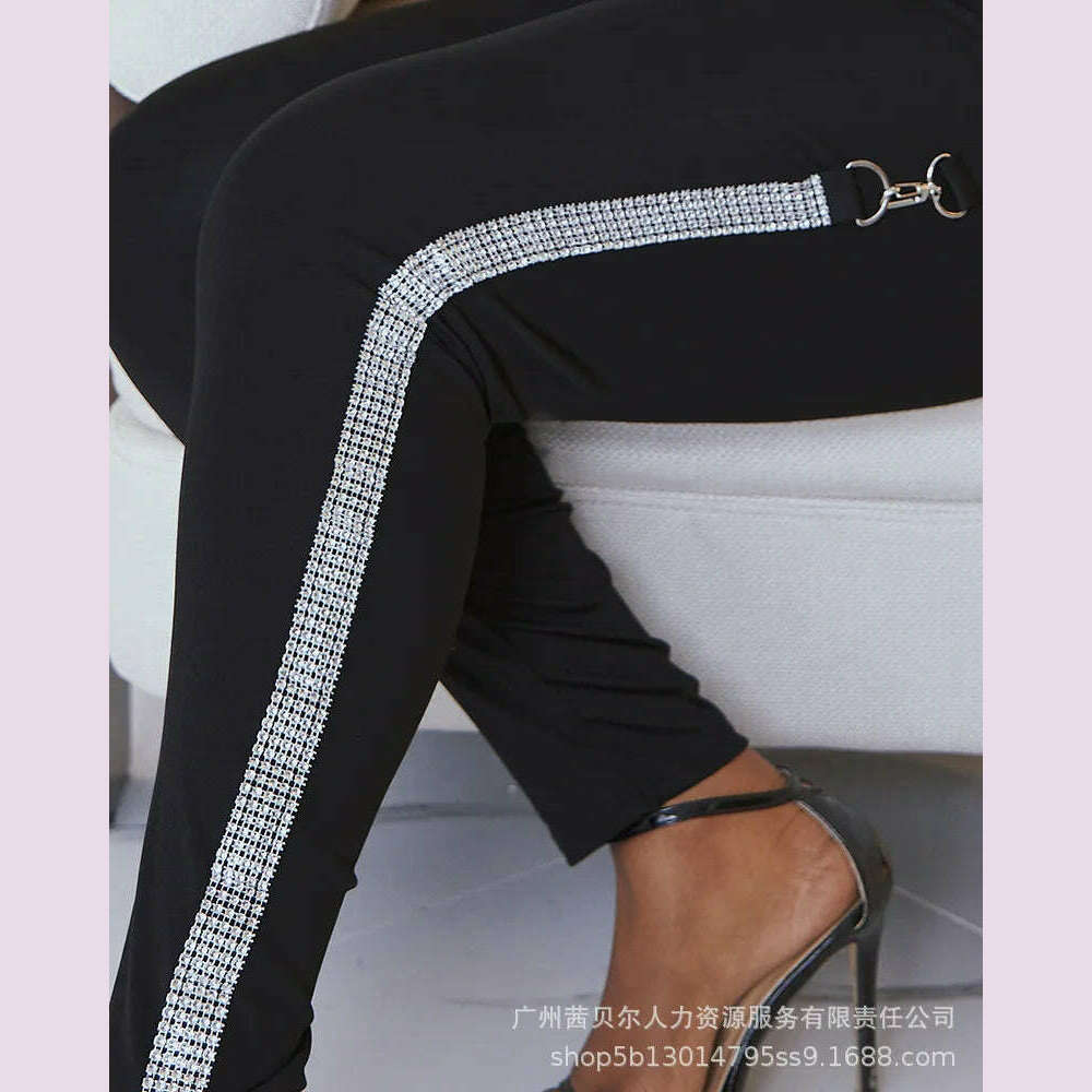 High Waist Skinny Pants Rhinestone Decor Europe and America Fashion Women's Clothing Plain Daily Office Lady Work Women Trousers
